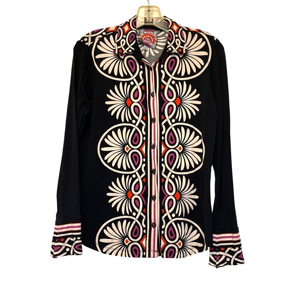 Johnny Was Black Multicolor Floral Button Front Shirt XS Rayon Blend